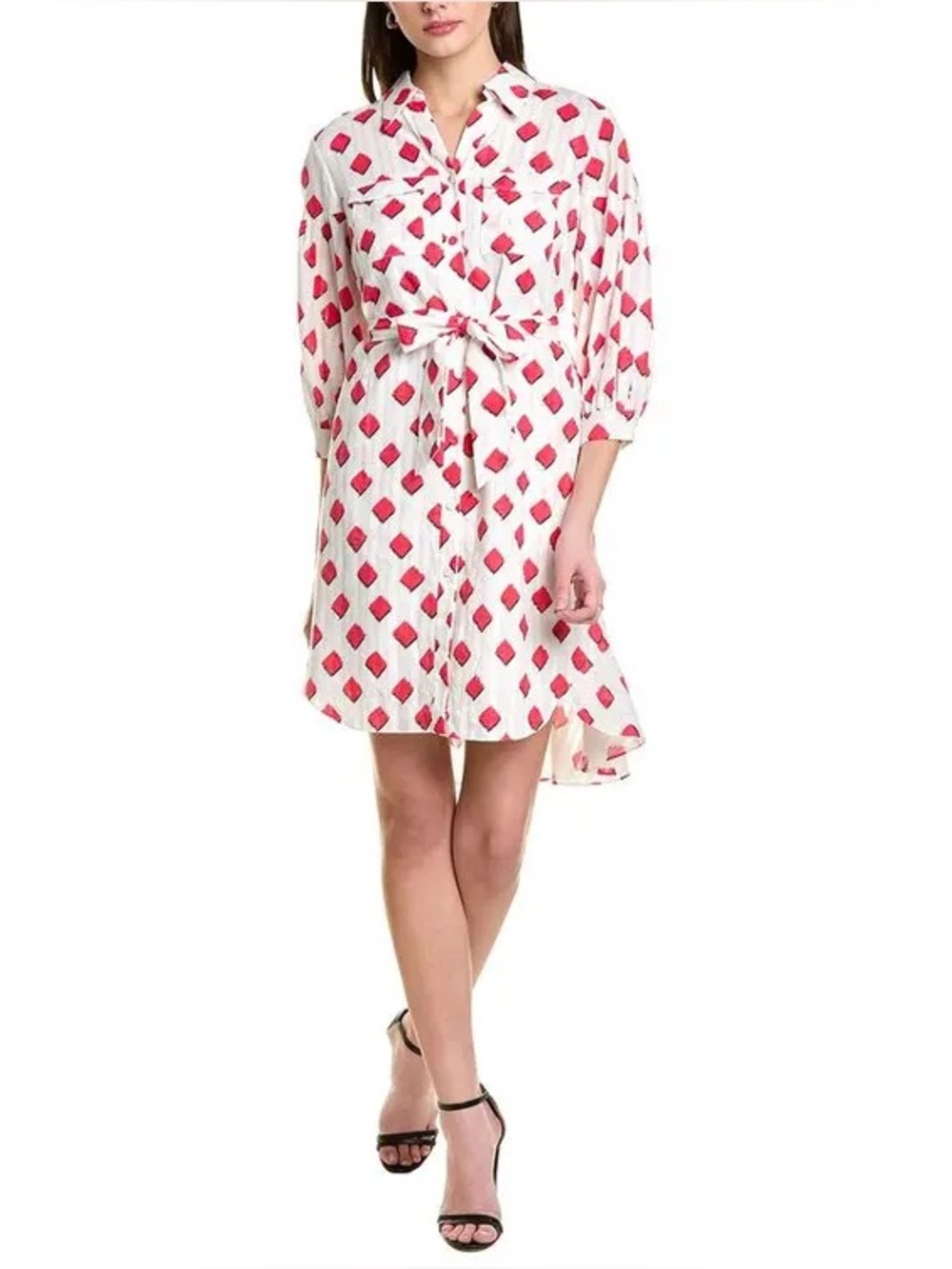 Diane von Furstenberg DVF Paige White Red Print Belted Shirt Dress Size 4